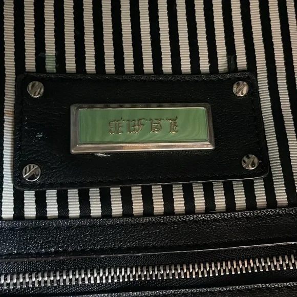 L.A.M.B. Gwen Stefani Black White Silver Stripe Leather Bag Clutch Tote Vintage - Picture 8 of 12